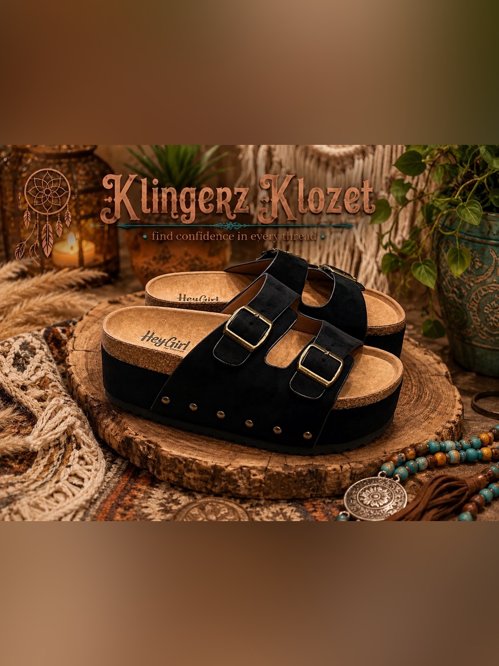 HeyGirl Black Platform Double-Buckle vegan leather Sandals NWOB